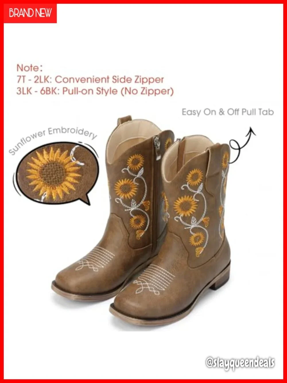 Girls Cowboy Boots Floral Embroidery Western Square Toe Zip Kids